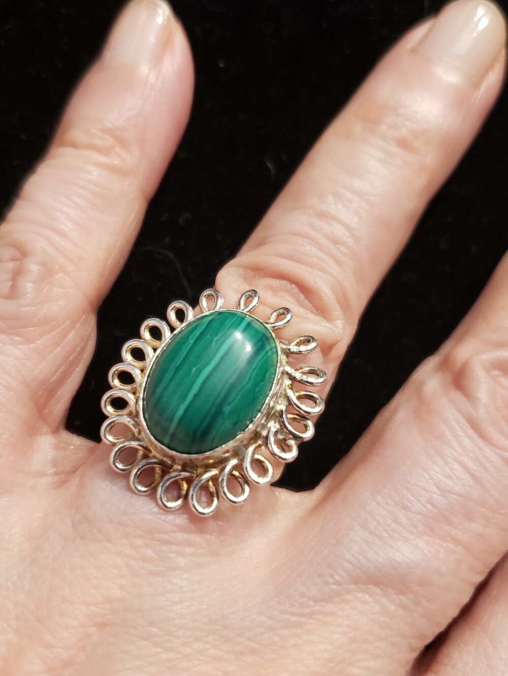 NEW MALACHITE STERLING STAMPED HALLMARK RING SZ 6.5 Emerald Gr., Gorgeous Silver